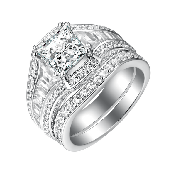 18KT White Gold Fancy Cut Round and Trapezoid Taper Baguette Diamond Engagement Ring S201870A and Matching Wedding Band - S201870B