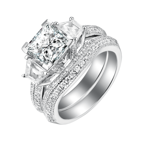 Fancy Cut Round and Trapezoid Diamond Engagement Ring S201872A and Matching Wedding Ring S201872B