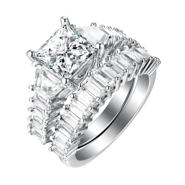 Fancu Cut Round and Trapezoid Diamond Engagement Ring S201874A and Matching Wedding Ring S201874B