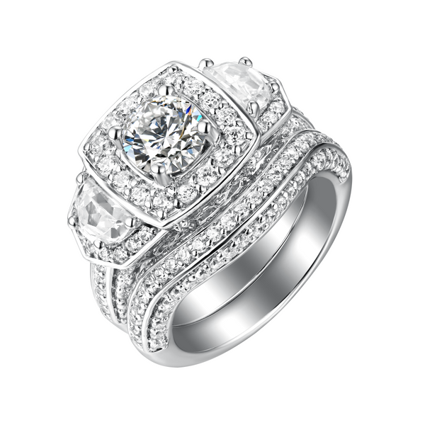 White Gold Fancy Cut Round and Half-Moon Engagement Ring S201876A and Matching Wedding Ring S201876B